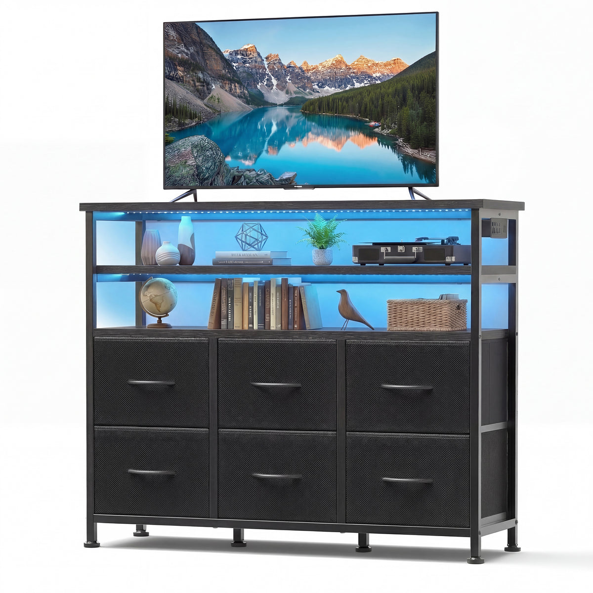 JIOABL TV Stand with 6 Fabric Drawers & Power Outlet, LED TV Console with USB & Type-C, Storage Dresser for Living Room