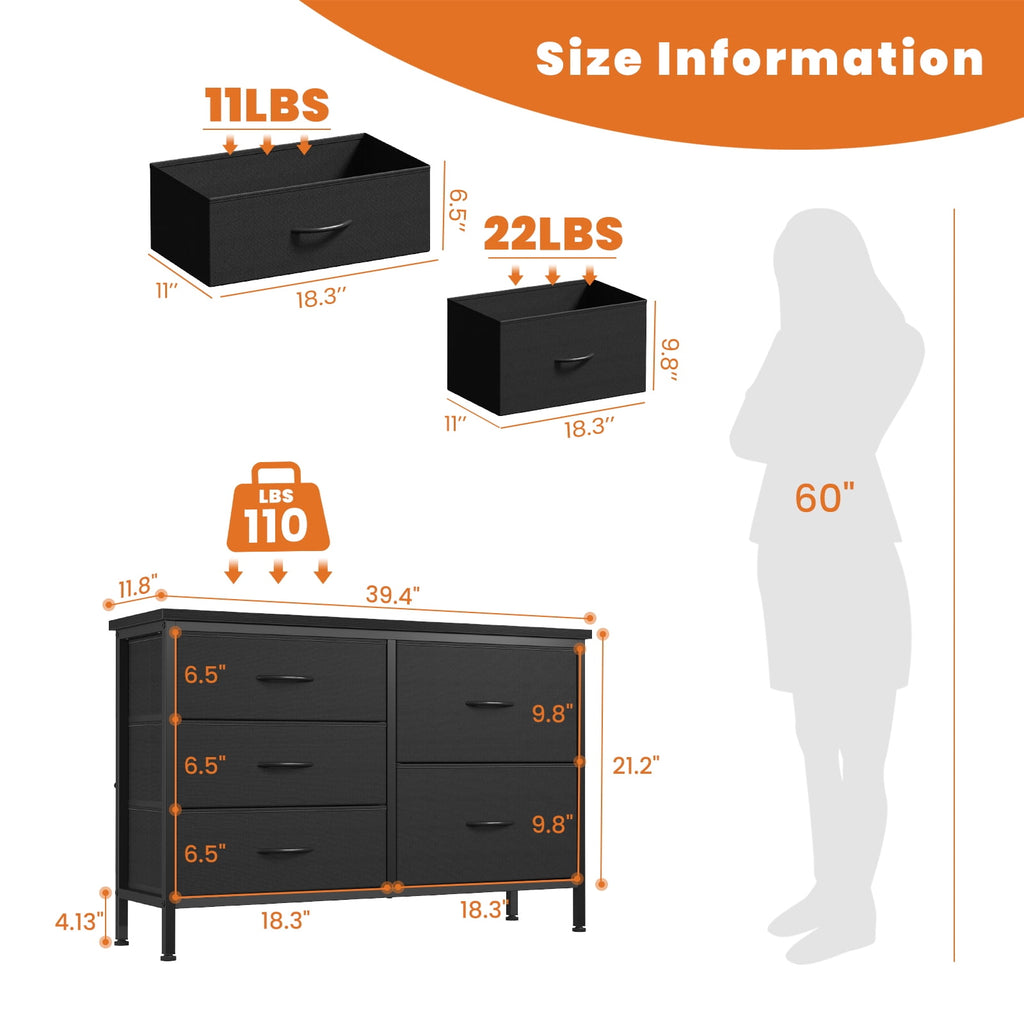 JIOABL 5-Drawer Dresser with Drawer Organizers for Bedroom, Living Room, or Closet