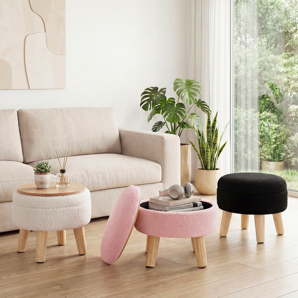JIOABL Ottoman with Storage, 350lbs Capacity, Soft Teddy Fabric, Round Footrest, Wooden Legs, for Living Room & Bedroom