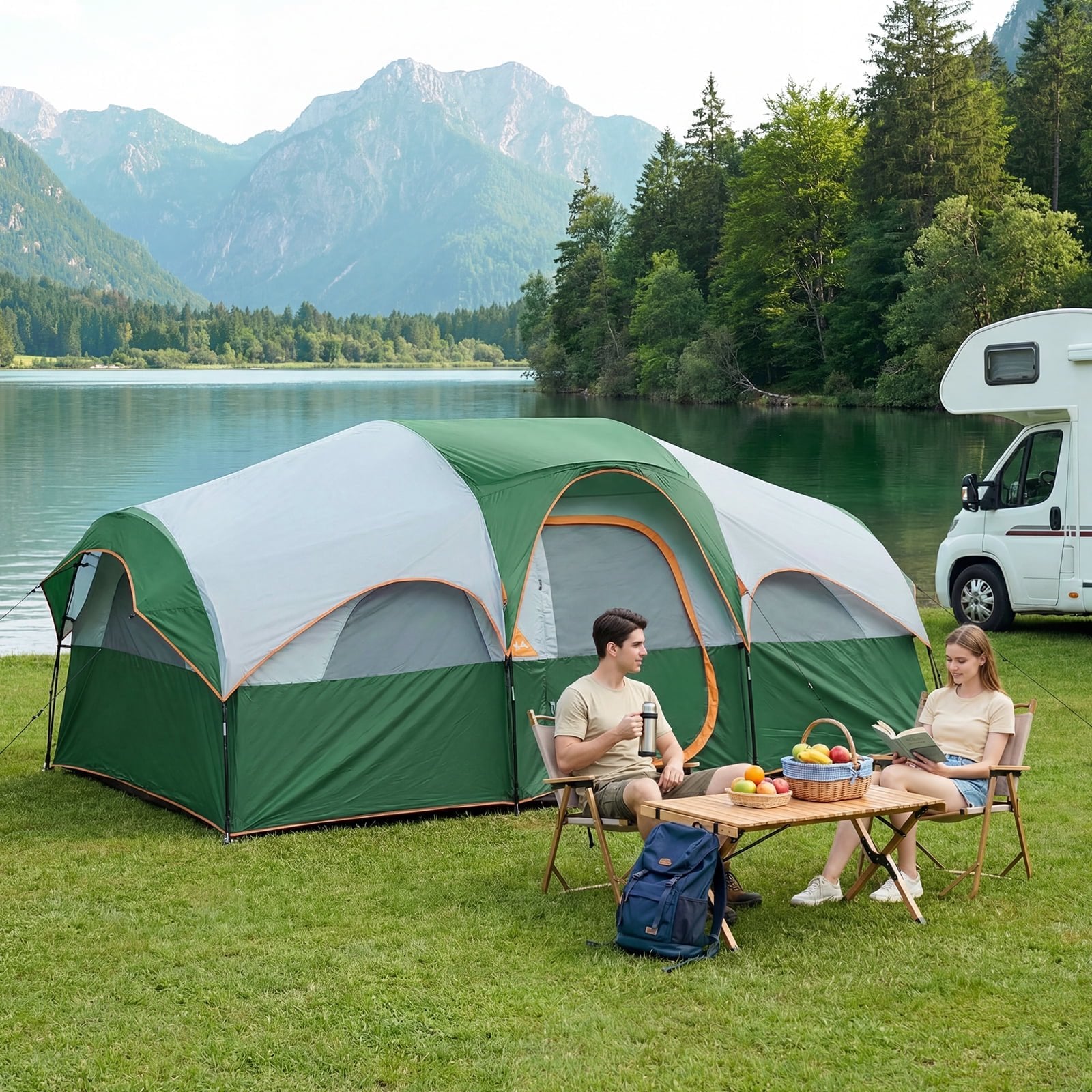 JIOABL 8 Person Camping Tent with Room Divider, Waterproof Polyester, Easy Setup, Portable with Carry Bag, Stakes & Ropes for Outdoor Camping