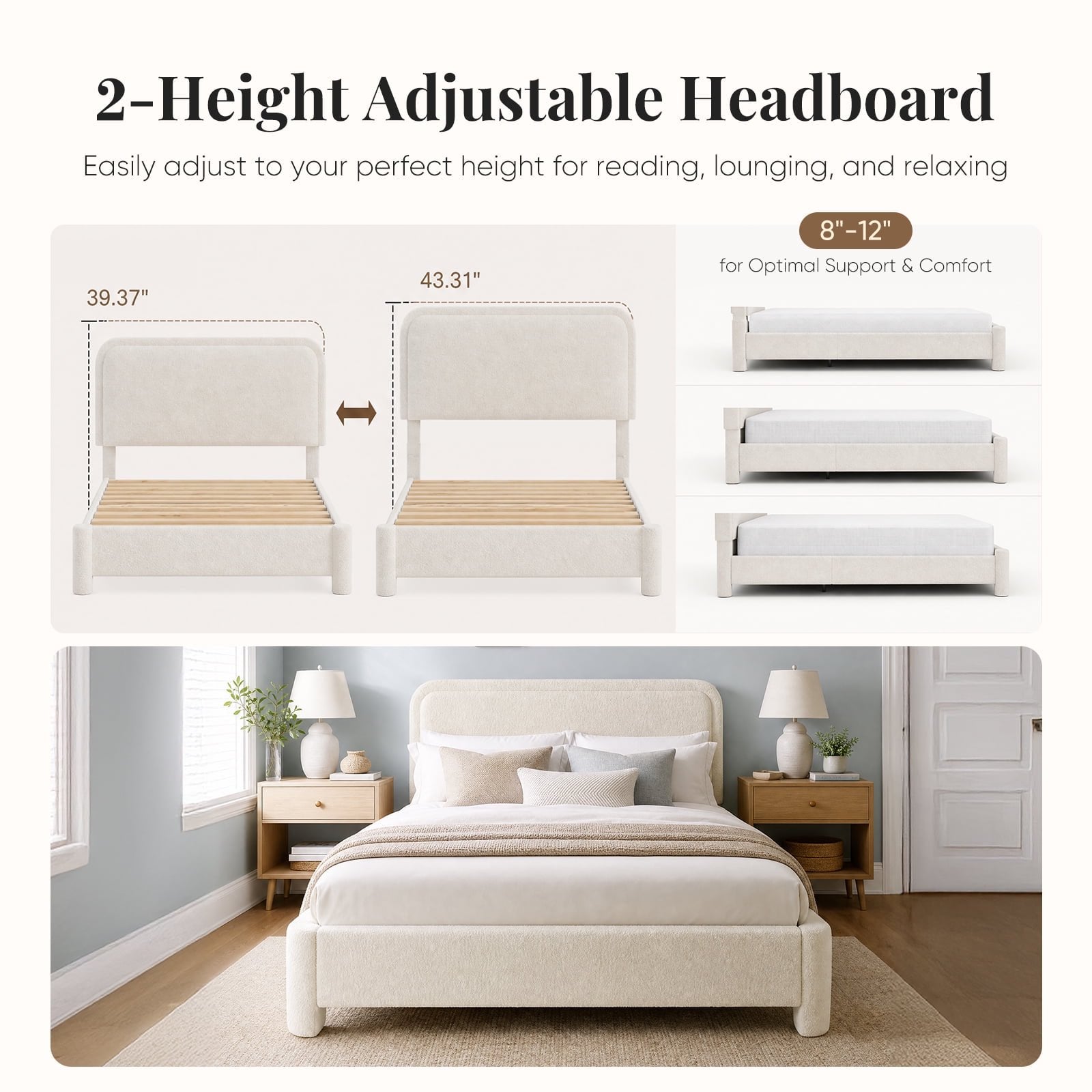 JIOABL Upholstered Platform Bed Frame with Adjustable Headboard, Teddy Fleece Fabric, No Box Spring Needed, White