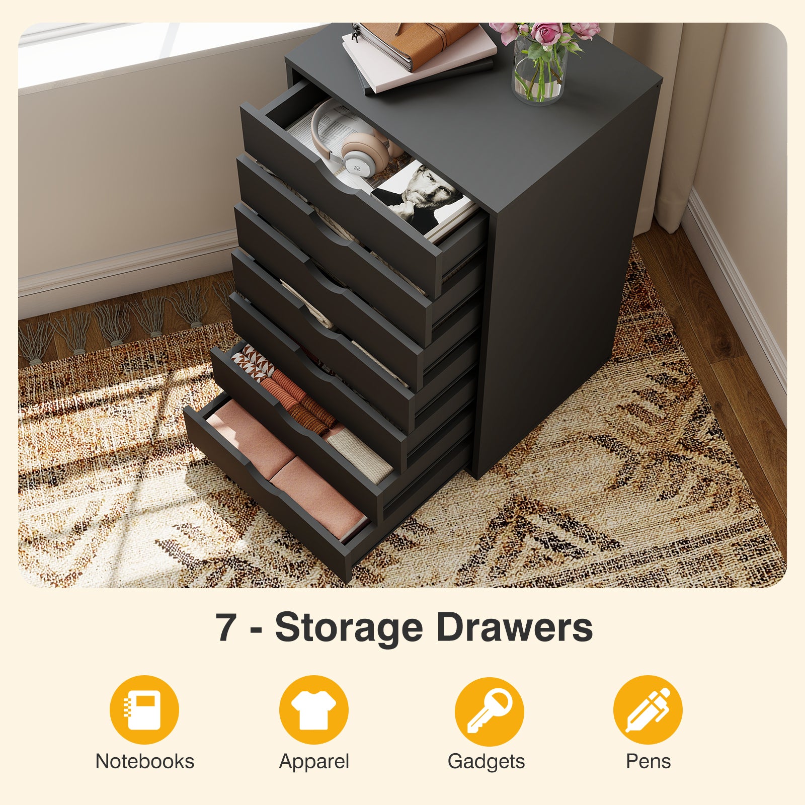 JIOABL 3-Drawer File Cabinet, Lateral Mobile Filing Cabinet Wood Storage Organizer with Wheels, Printer Stand & Open Shelves for Home Office