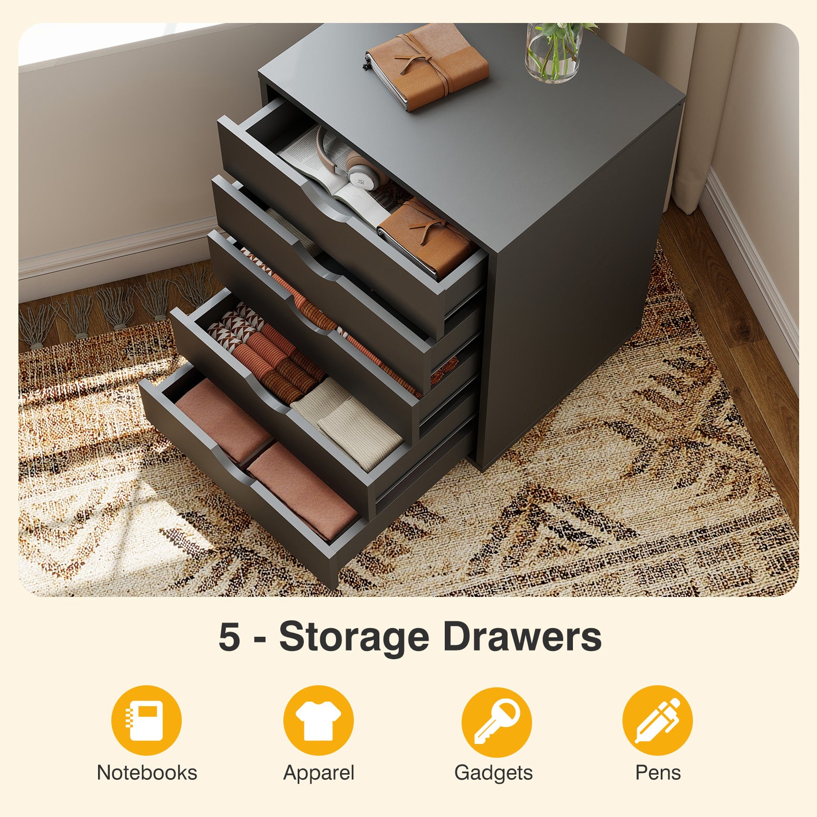 JIOABL 3-Drawer File Cabinet, Lateral Mobile Filing Cabinet Wood Storage Organizer with Wheels, Printer Stand & Open Shelves for Home Office