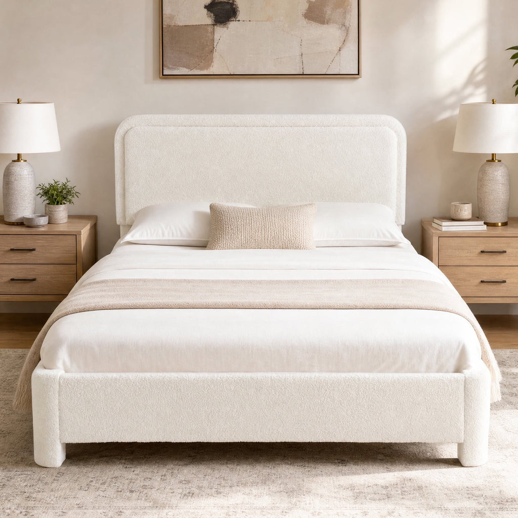 JIOABL Upholstered Platform Bed Frame with Adjustable Headboard, Teddy Fleece Fabric, No Box Spring Needed, White