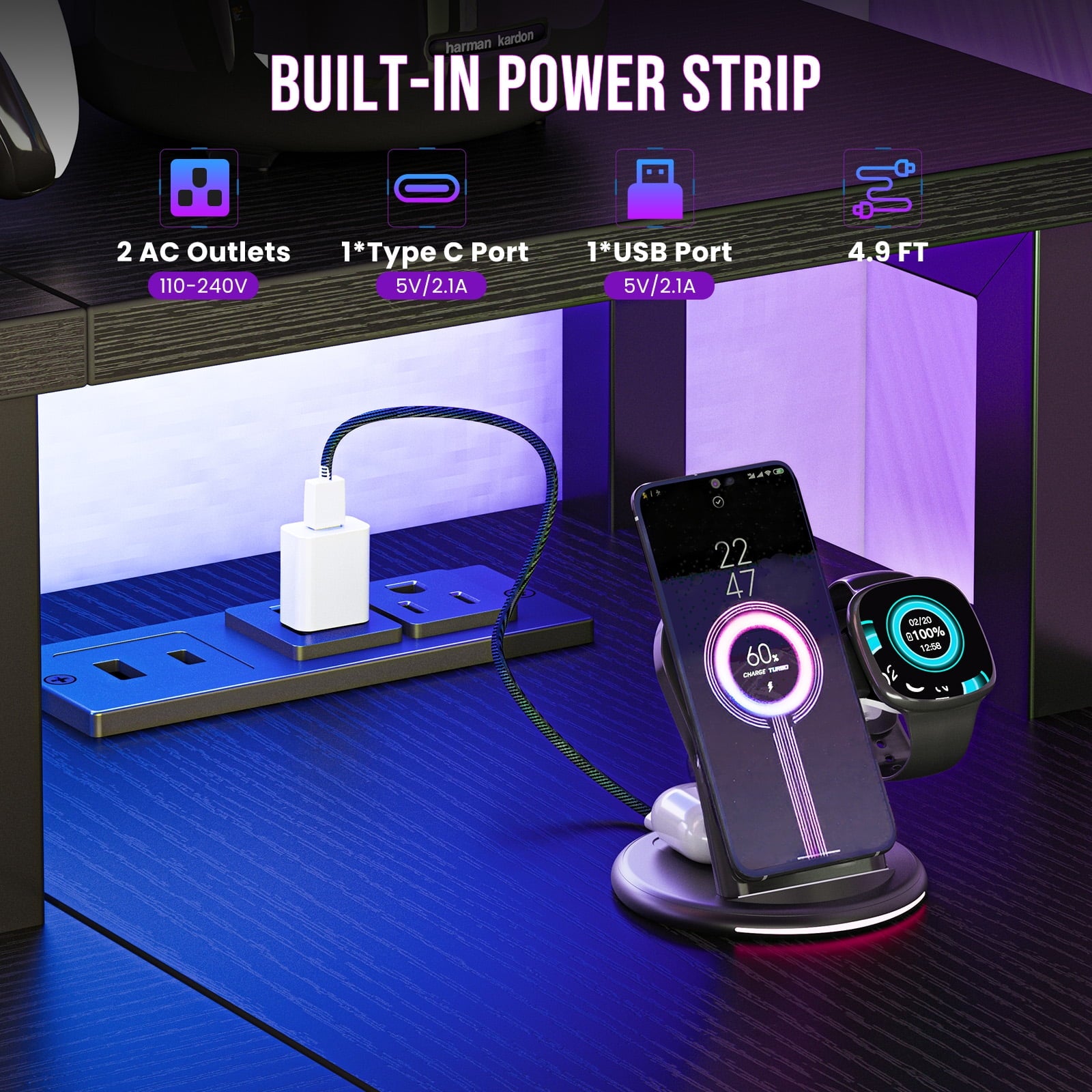 JIOABL L Shaped Computer Gaming Desk with USB Charging Ports & LED Lights, Reversible Corner Table with Power Outlets Monitor Stand for Home Office