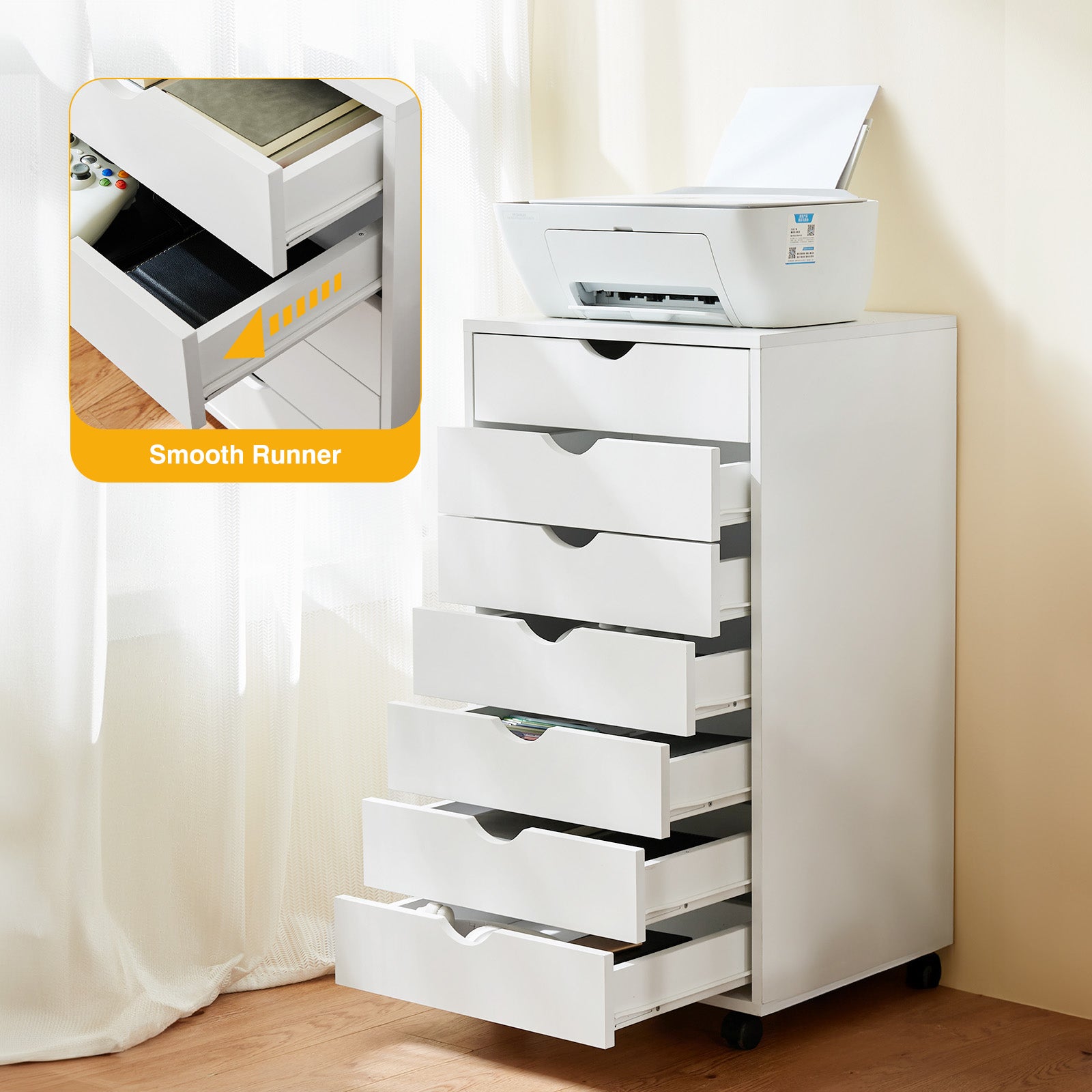 JIOABL 3-Drawer File Cabinet, Lateral Mobile Filing Cabinet Wood Storage Organizer with Wheels, Printer Stand & Open Shelves for Home Office