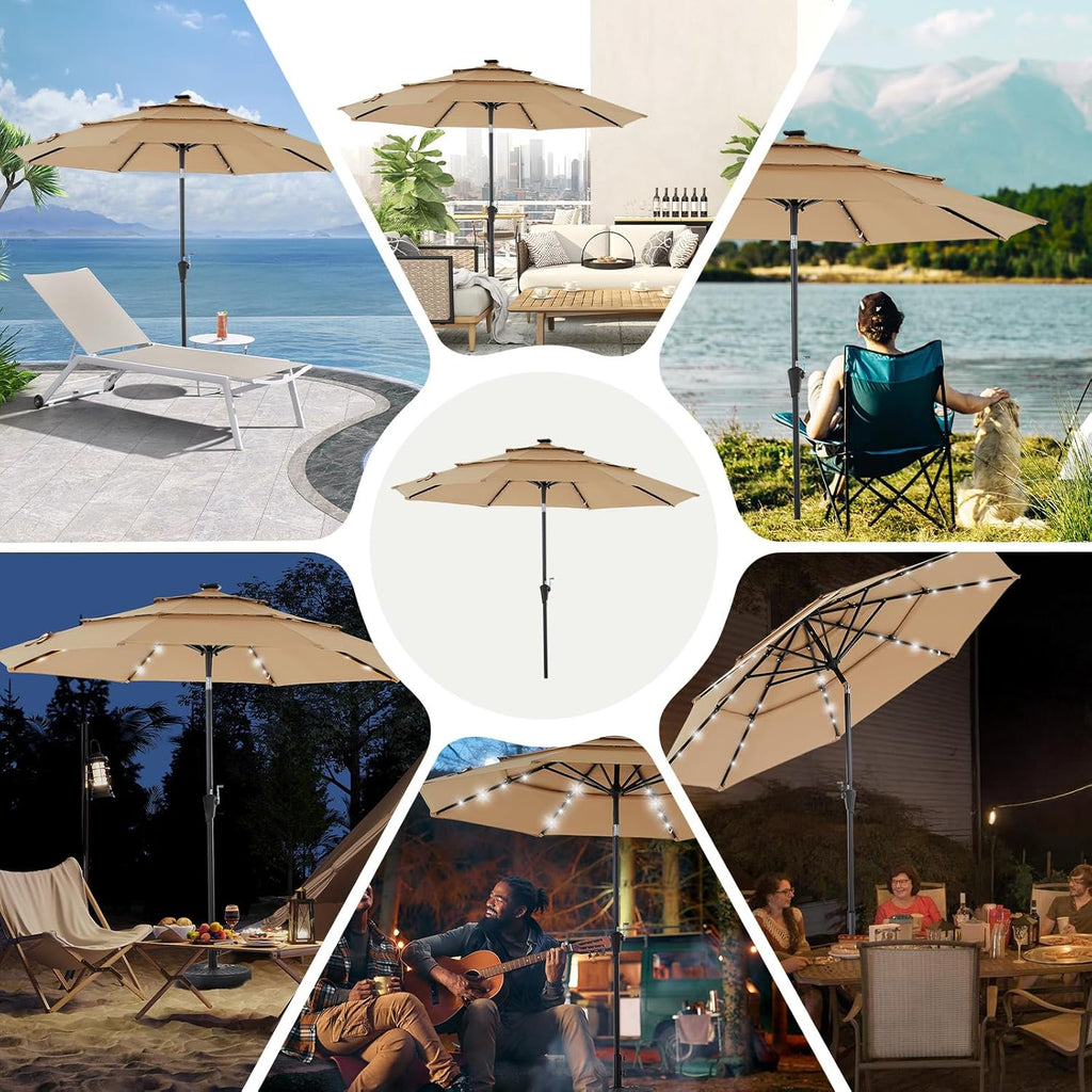 JIOABL 10FT Solar LED Patio Umbrella with Tilt & Vent, 32 LED Lights, 8 Ribs, UV-Resistant & Water-Resistant for Garden, Deck, Patio