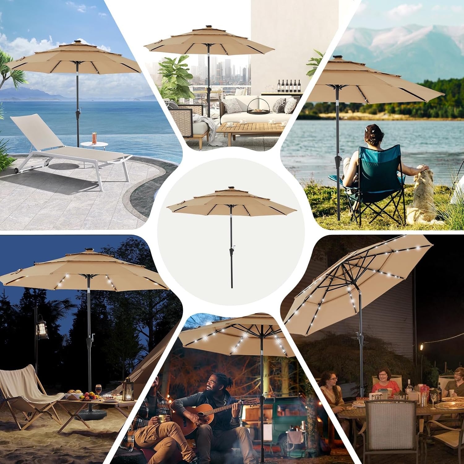 JIOABL 10FT Solar LED Patio Umbrella with Tilt & Vent, 32 LED Lights, 8 Ribs, UV-Resistant & Water-Resistant for Garden, Deck, Patio