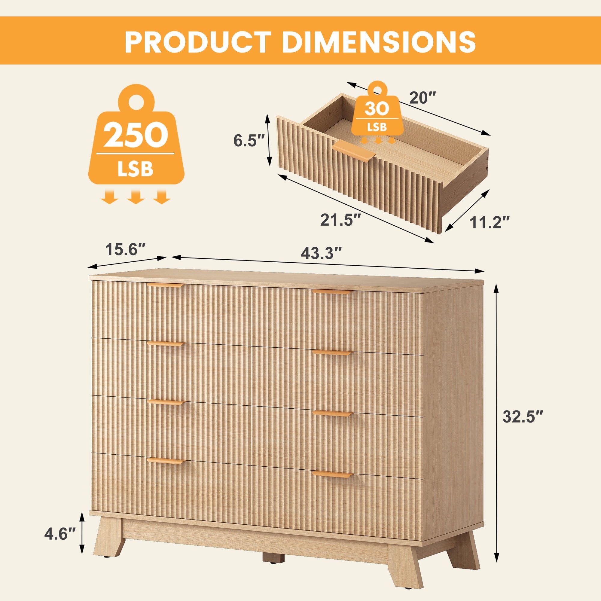 JIOABL Wood Dresser with Fluted Panel Design, Modern Storage Cabinet for Bedroom, Living Room, Hallway, Natural Oak