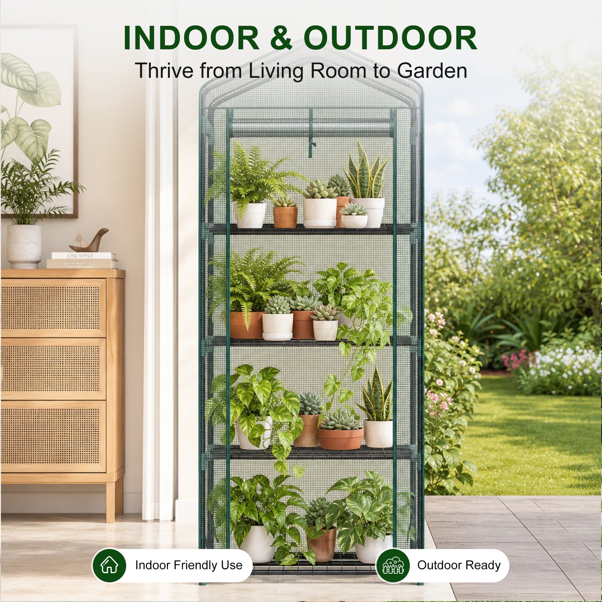 JIOABL 4-Tier Mini Greenhouse with PE Cover, Portable Plant Grow House with Zipper Door & Steel Frame for Indoor Outdoor Garden, Green
