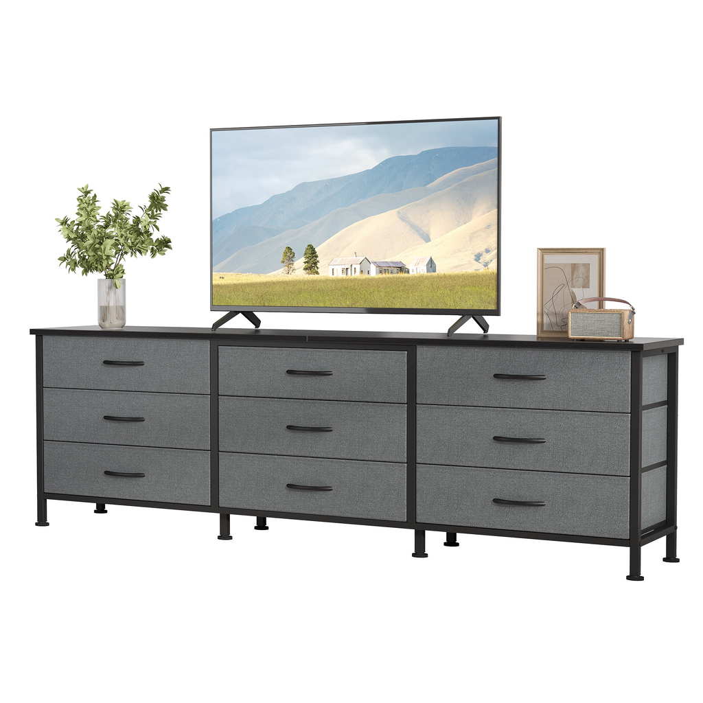 JIOABL 66 inch Wide TV Stand Dresser, 9-Drawer Storage Cabinet for 75 inch TV, Entertainment Center with Wood Top for Living Room, Black