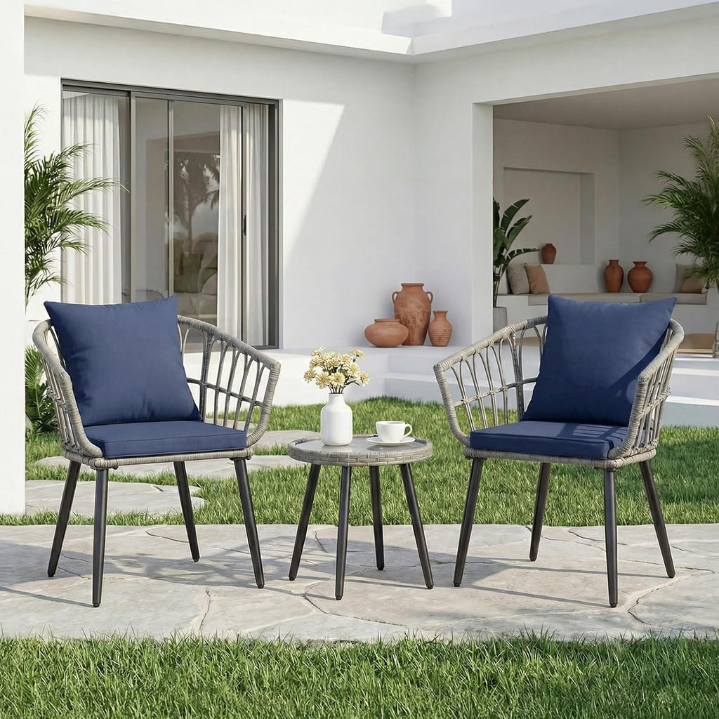 JIOABL Outdoor Bistro Set, Wicker Chairs & Glass Top Table for Patio, Balcony, Porch, Backyard