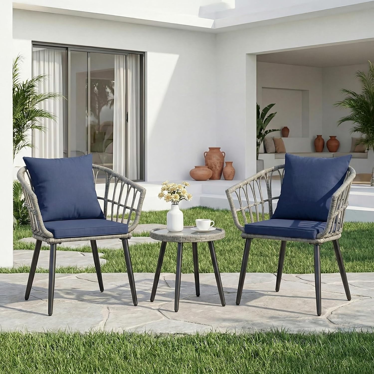 JIOABL Outdoor Bistro Set, Wicker Chairs & Glass Top Table for Patio, Balcony, Porch, Backyard