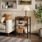 JIOABL 3-Tier Side Table with USB & AC Charging Station, Adjustable Shelves, Multi-Use for Living Room & Bedroom