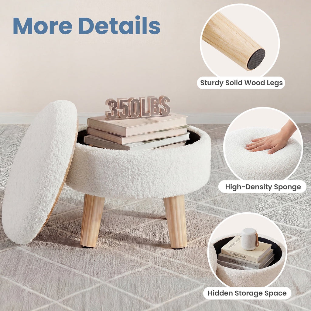 JIOABL Ottoman with Storage, 350lbs Capacity, Soft Teddy Fabric, Round Footrest, Wooden Legs, for Living Room & Bedroom