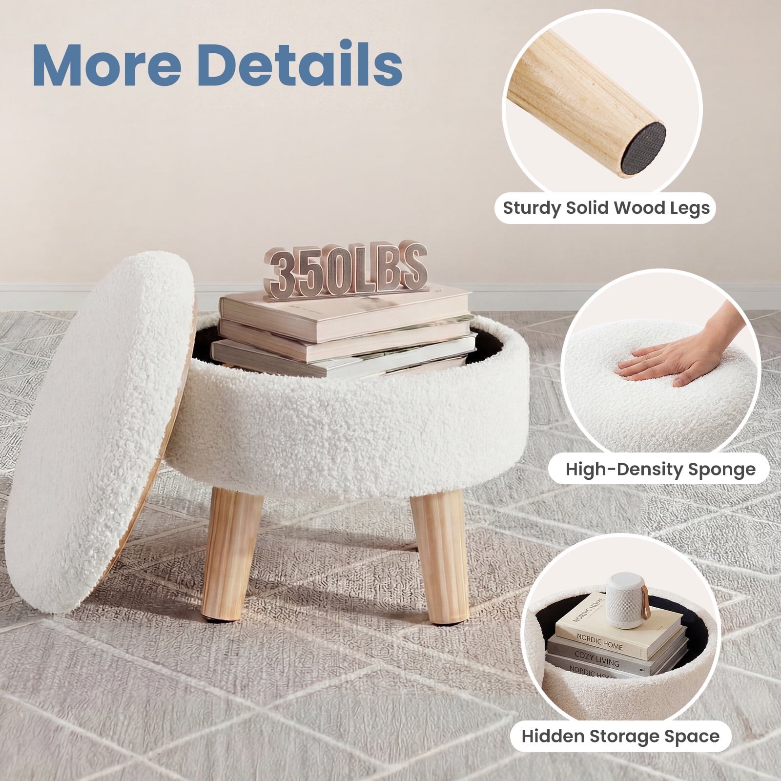 JIOABL Ottoman with Storage, 350lbs Capacity, Soft Teddy Fabric, Round Footrest, Wooden Legs, for Living Room & Bedroom