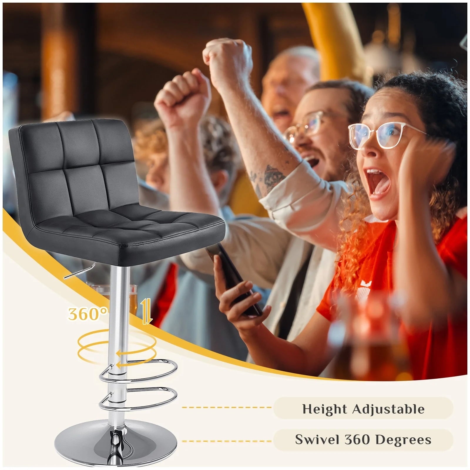 JIOABL Bar Stools, Armless Adjustable Swivel Barstools, PU Leather Hydraulic Kitchen Counter Height Bar Stools, Thickened Seat Cushion Square Island Barstools with Back