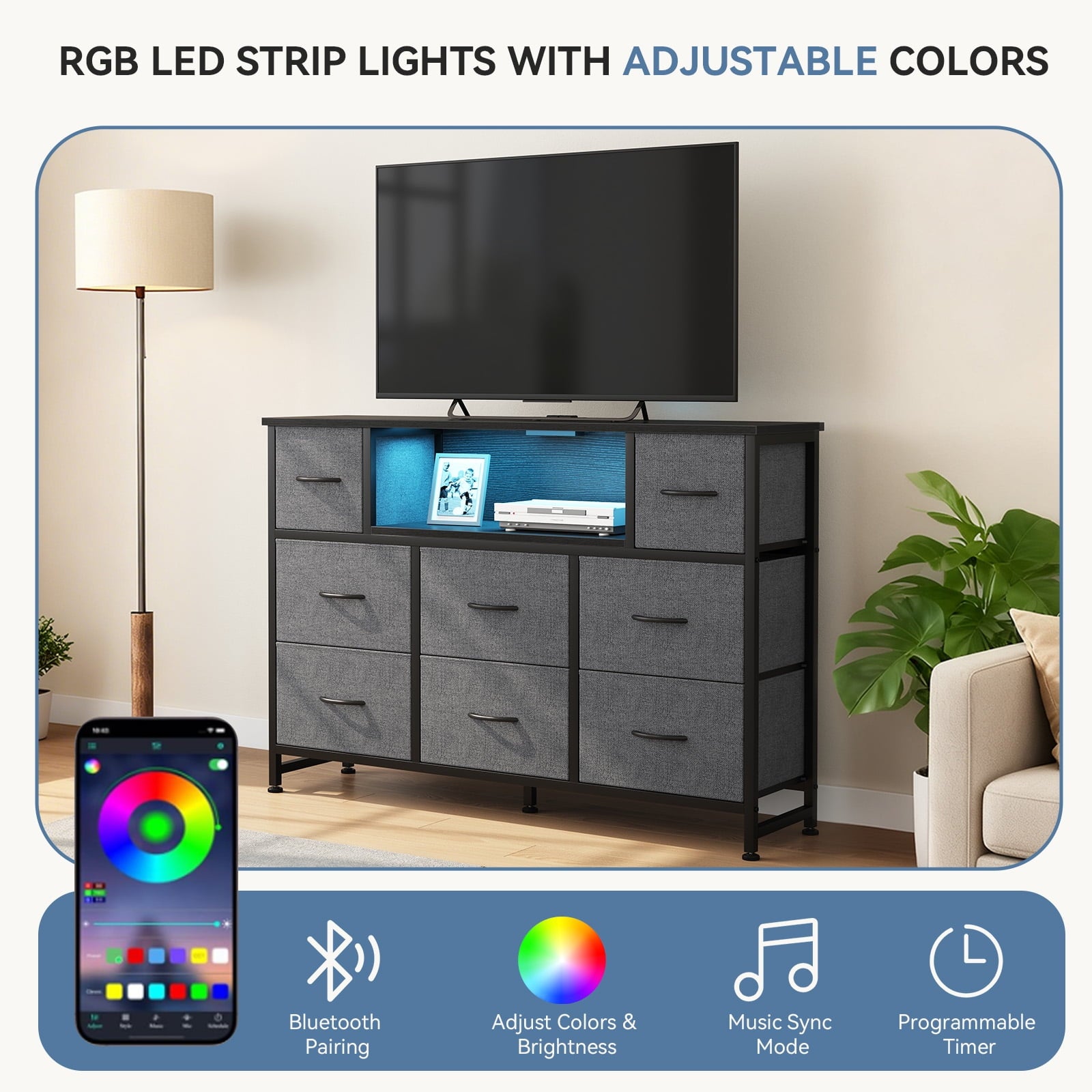 JIOABL TV Stand with  Fabric Drawers & Power Outlet, LED TV Console with USB & Type-C, Storage Dresser for Living Room
