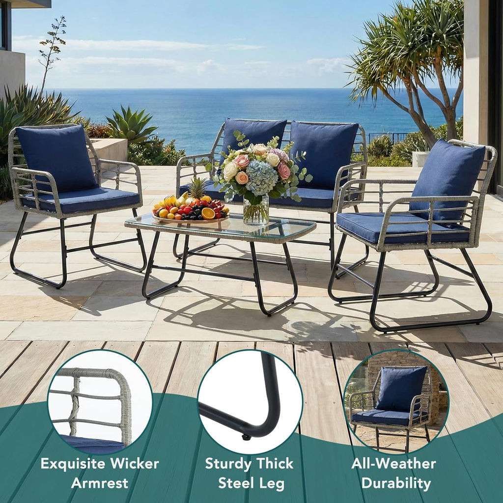 JIOABL Outdoor Bistro Set, Wicker Chairs & Glass Top Table for Patio, Balcony, Porch, Backyard