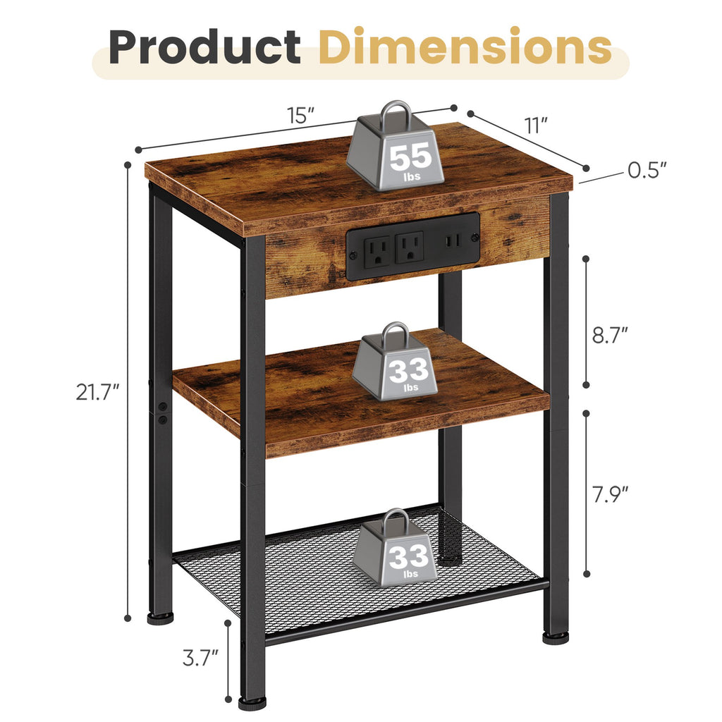 JIOABL 3-Tier Side Table with USB & AC Charging Station, Adjustable Shelves, Multi-Use for Living Room & Bedroom