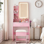 JIOABL 24" Vanity Desk with Mirror, LED Makeup Vanity with 3 Light Modes & Power Outlet, Storage Drawers & Stool, Dressing Table for Bedroom