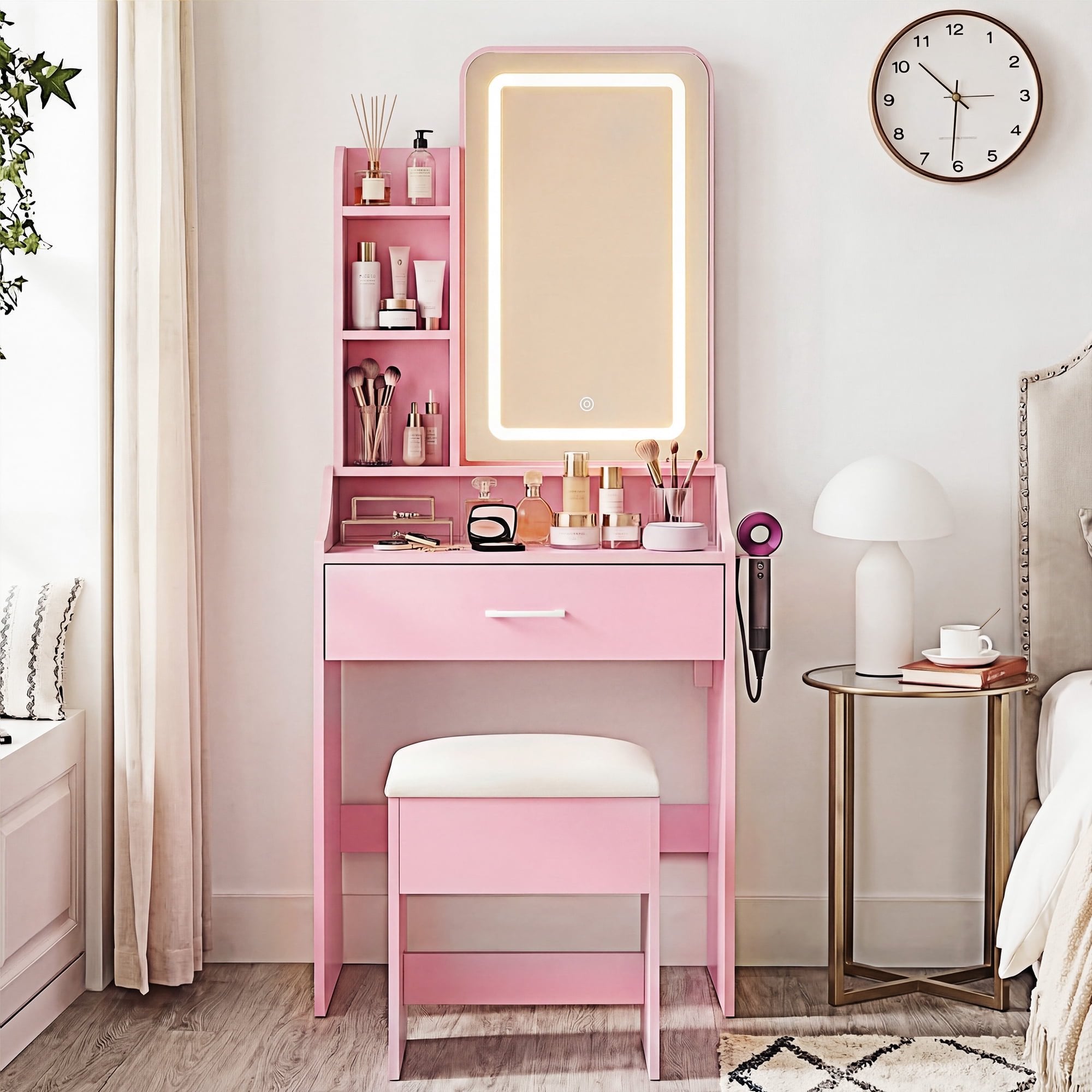 JIOABL 24" Vanity Desk with Mirror, LED Makeup Vanity with 3 Light Modes & Power Outlet, Storage Drawers & Stool, Dressing Table for Bedroom