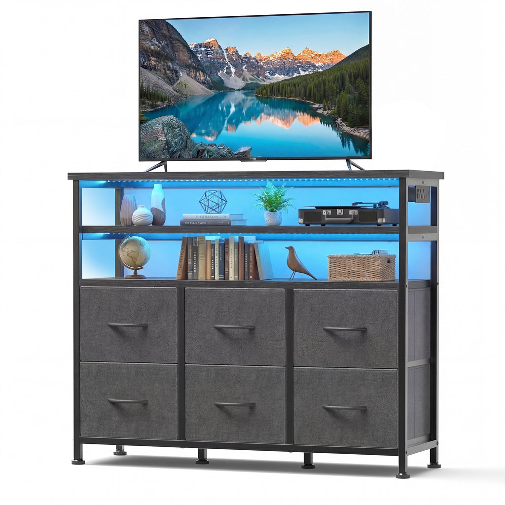 JIOABL TV Stand with 6 Fabric Drawers & Power Outlet, LED TV Console with USB & Type-C, Storage Dresser for Living Room