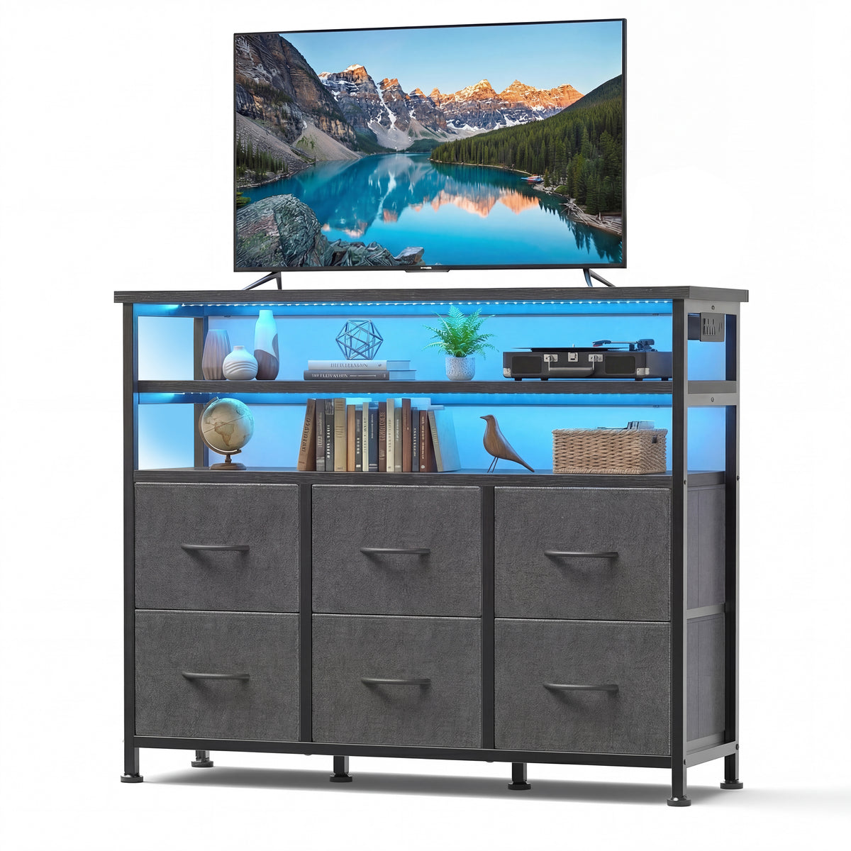 JIOABL TV Stand with 6 Fabric Drawers & Power Outlet, LED TV Console with USB & Type-C, Storage Dresser for Living Room