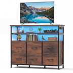 JIOABL TV Stand with 6 Fabric Drawers & Power Outlet, LED TV Console with USB & Type-C, Storage Dresser for Living Room