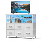 JIOABL TV Stand with 6 Fabric Drawers & Power Outlet, LED TV Console with USB & Type-C, Storage Dresser for Living Room