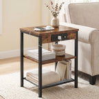 JIOABL 3-Tier Side Table with USB & AC Charging Station, Adjustable Shelves, Multi-Use for Living Room & Bedroom