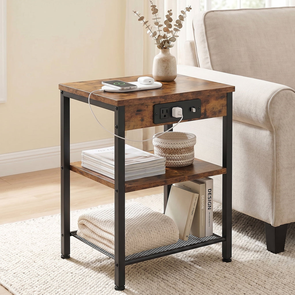 JIOABL 3-Tier Side Table with USB & AC Charging Station, Adjustable Shelves, Multi-Use for Living Room & Bedroom