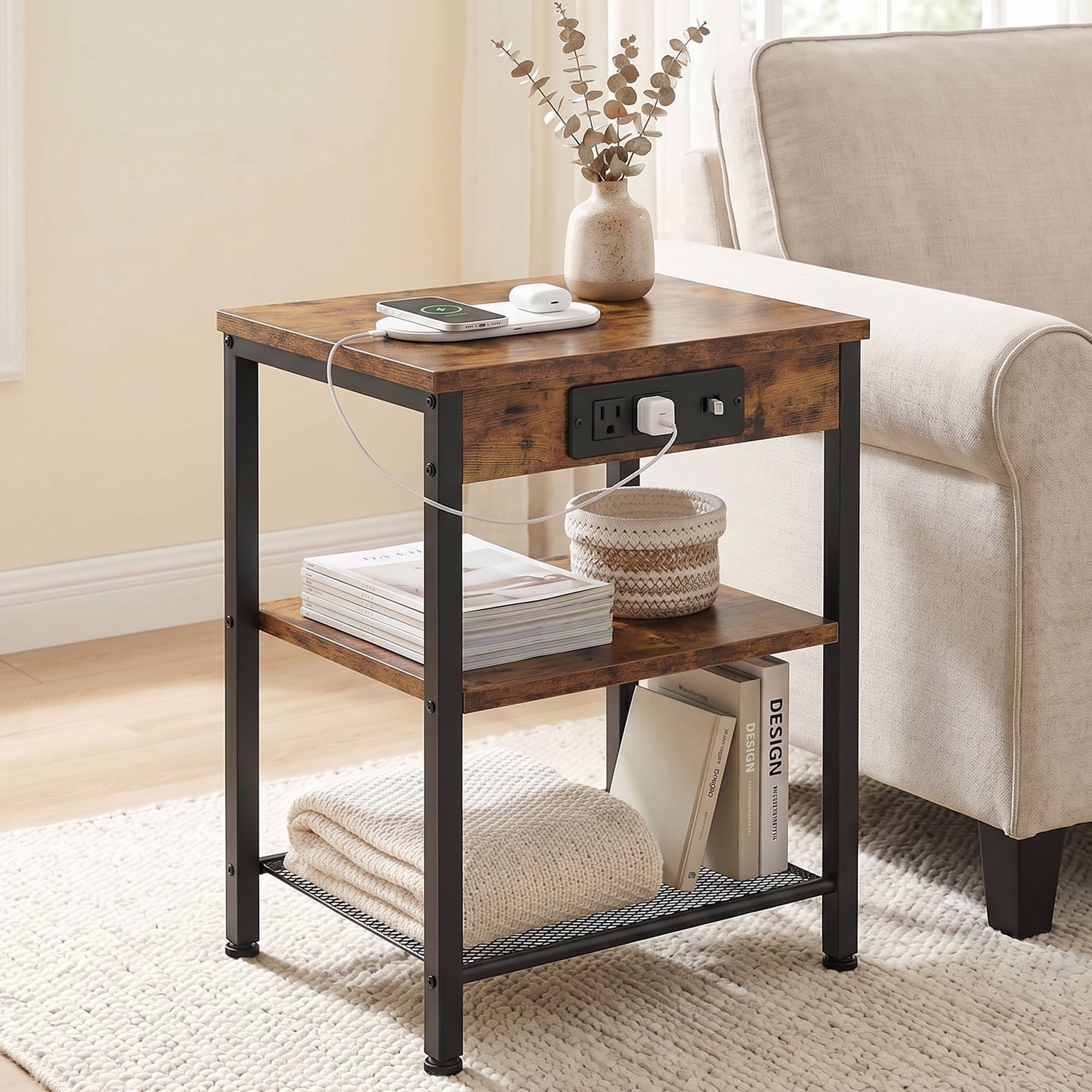 JIOABL 3-Tier Side Table with USB & AC Charging Station, Adjustable Shelves, Multi-Use for Living Room & Bedroom