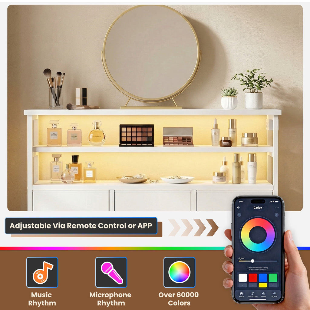 JIOABL TV Stand with  Fabric Drawers & Power Outlet, LED TV Console with USB & Type-C, Storage Dresser for Living Room