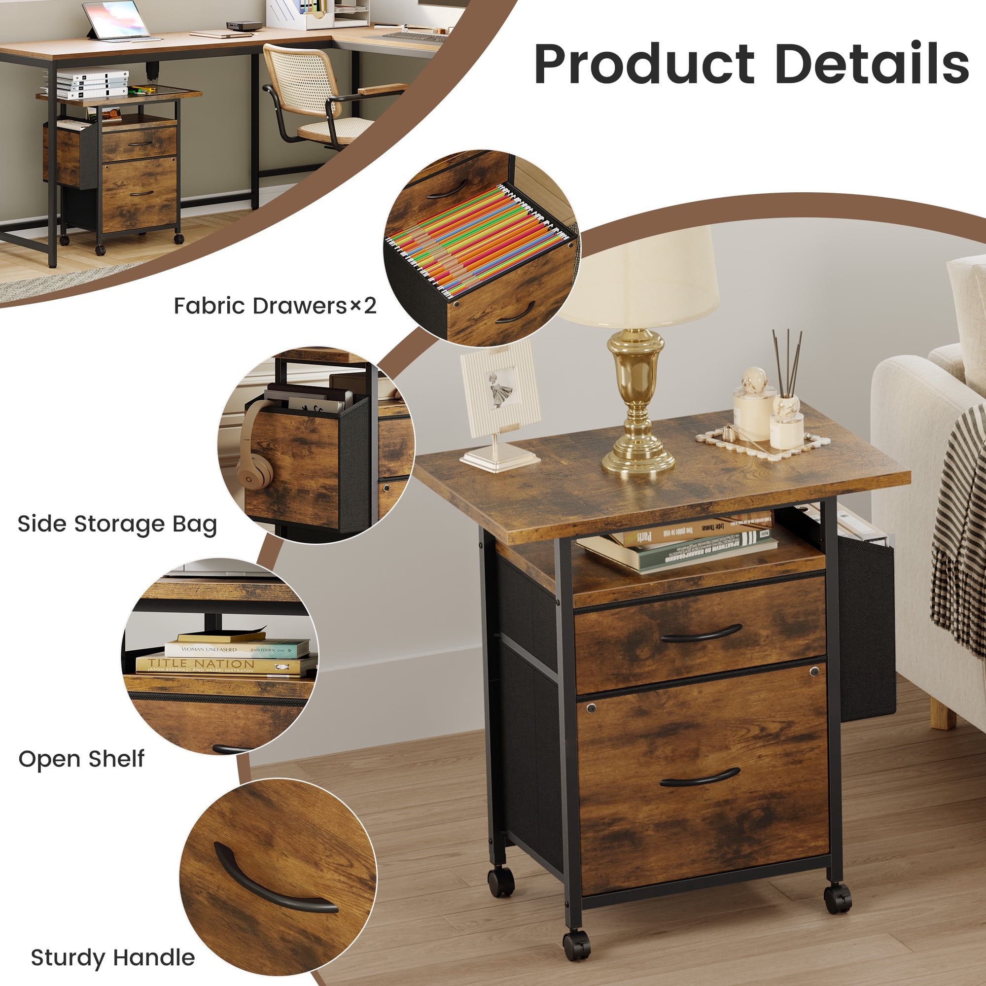 JIOABL Rolling Printer Stand with 2 Fabric Drawers, Storage Shelf, Side Organizer Bag and Lockable Wheels for Home Office