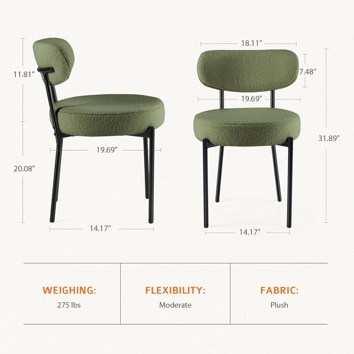 JIOABL Dining Chairs, Boucle Upholstered Kitchen Chairs with Curved Backrest & Metal Legs, Mid Century Modern Round Dining Room Chairs for Vanity, Living Room