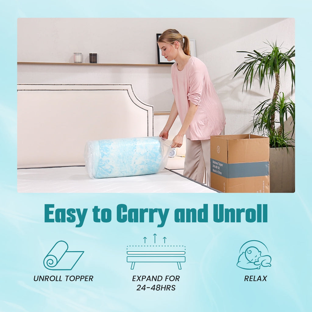 JIOABL  Memory Foam Mattress Topper with Cooling Gel, CertiPUR-US Certified, Pressure Relief & Breathable Comfort Bed Topper, Queen Size, 0 of 8     JIOABL JIOABL 4-Inch Memory Foam Mattress Topper with Cooling Gel, CertiPUR-US Certified, Pressure Relief