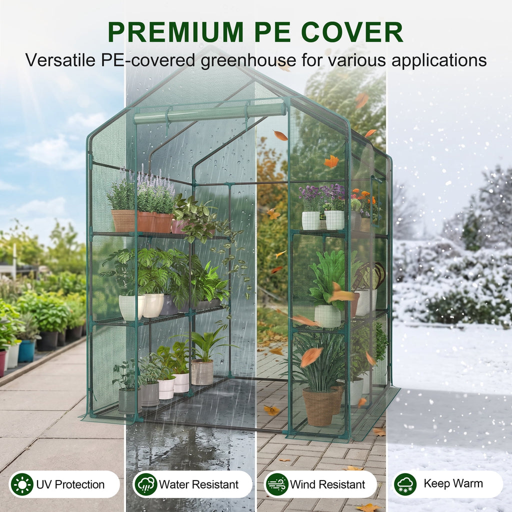 JIOABL 3-Tier Walk-In Greenhouse with PE Cover, Roll-Up Zipper Door & Side Windows, Steel Frame, Outdoor Plant Greenhouse for Garden, Patio, Green