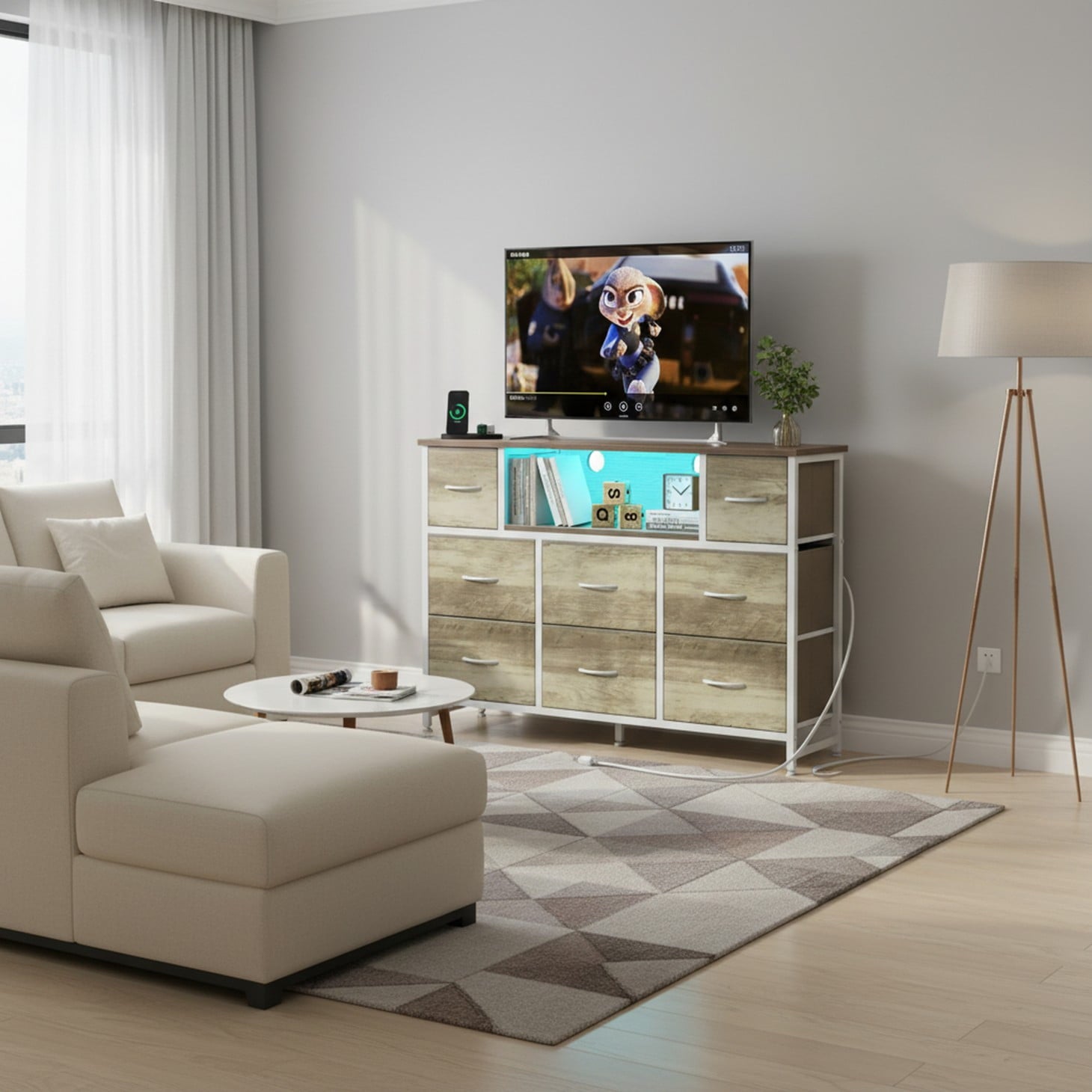 JIOABL TV Stand with  Fabric Drawers & Power Outlet, LED TV Console with USB & Type-C, Storage Dresser for Living Room