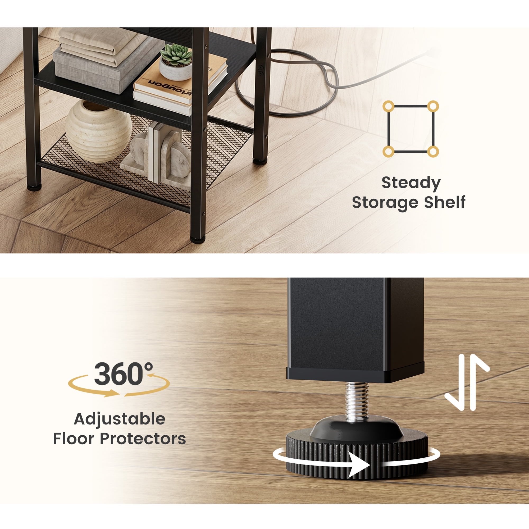 JIOABL 3-Tier Side Table with USB & AC Charging Station, Adjustable Shelves, Multi-Use for Living Room & Bedroom