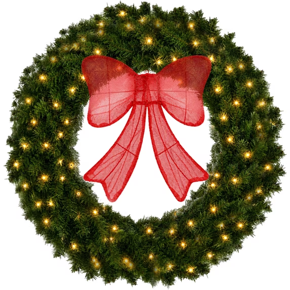 JIOABL 30in Pre-Lit Christmas Wreath with Lighted Bow, 130 LED Warm White Lights, PVC Tips, Plug-in for Door Mantel