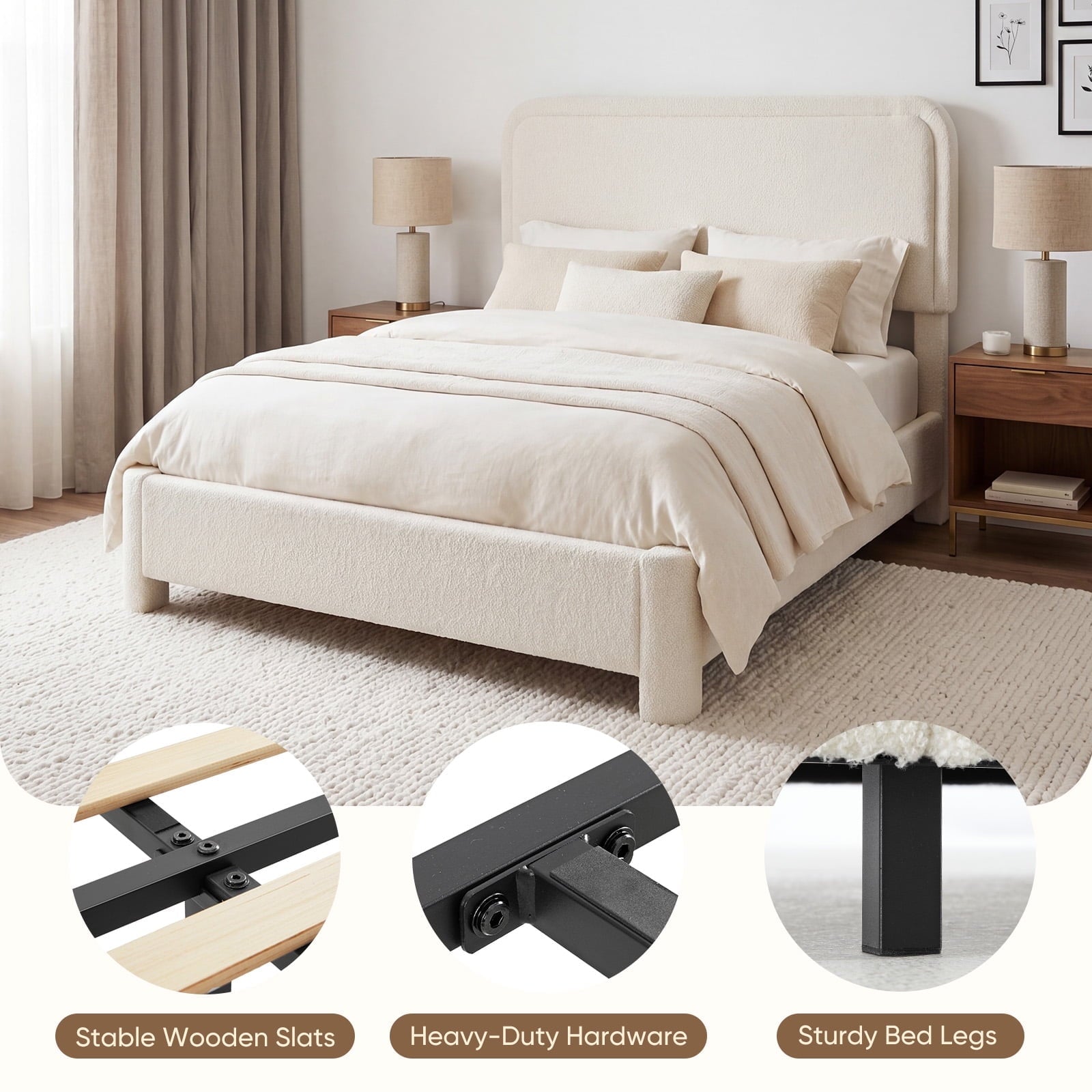 JIOABL Upholstered Platform Bed Frame with Adjustable Headboard, Teddy Fleece Fabric, No Box Spring Needed, White