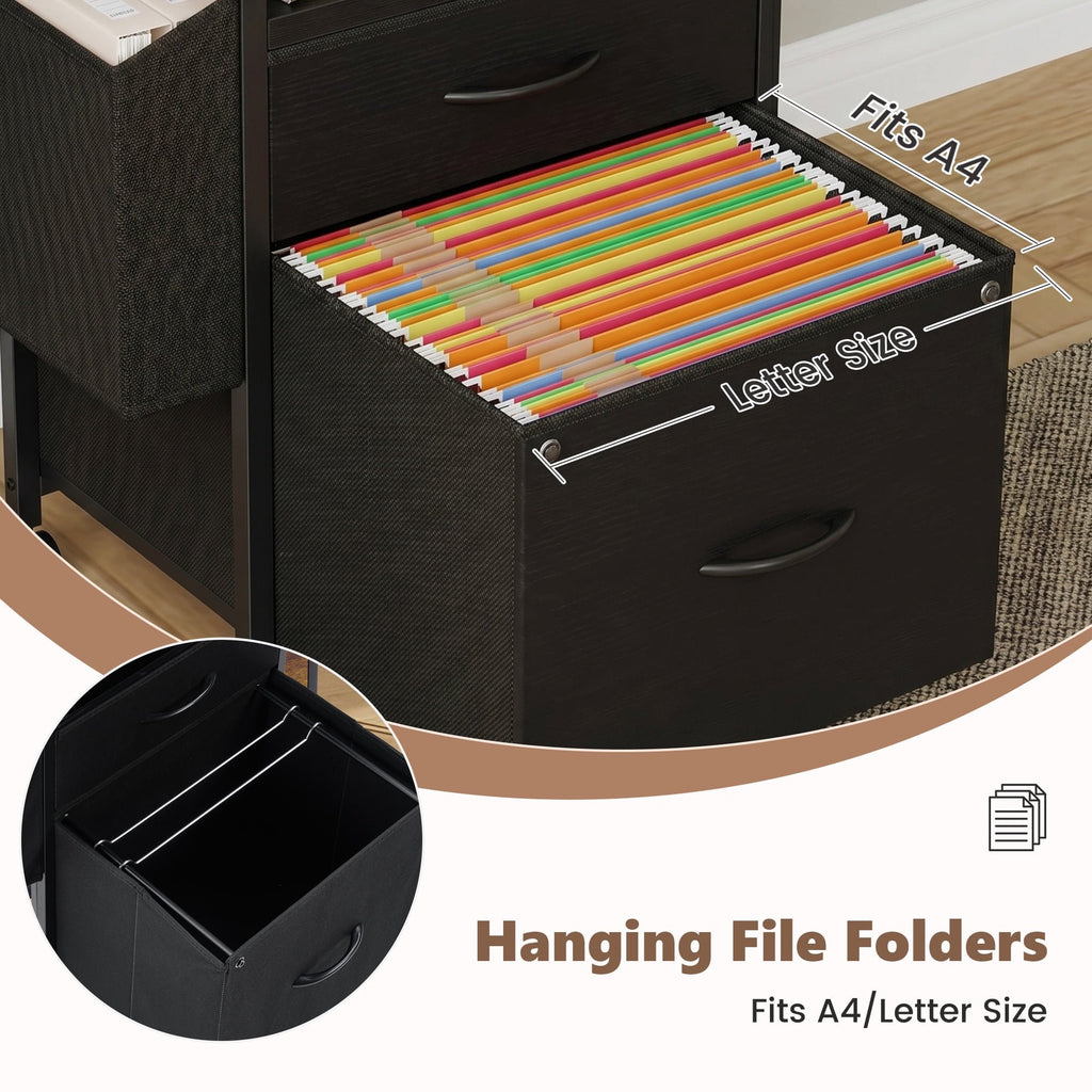 JIOABL Rolling Printer Stand with 2 Fabric Drawers, Storage Shelf, Side Organizer Bag and Lockable Wheels for Home Office