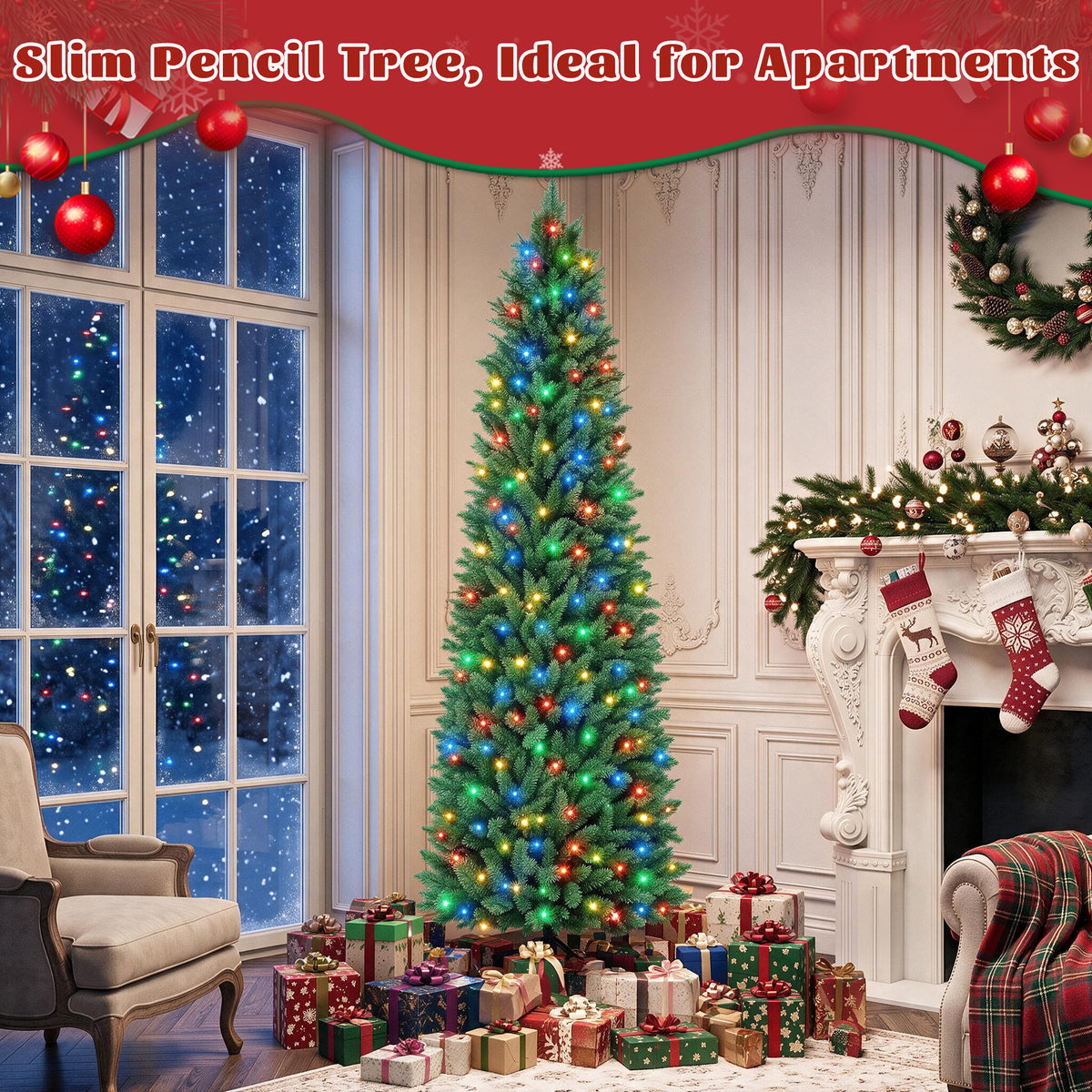 JIOABL Pre-Lit Fraser Fir Pencil Artificial Christmas Tree, Premium Multicolor LED Lights