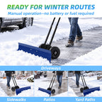 JIOABL 36 inch Snow Pusher with Wheels, Galvanized Steel Snow Plow, Adjustable Blade Angle & Handle for Driveway, Sidewalk & Walkway
