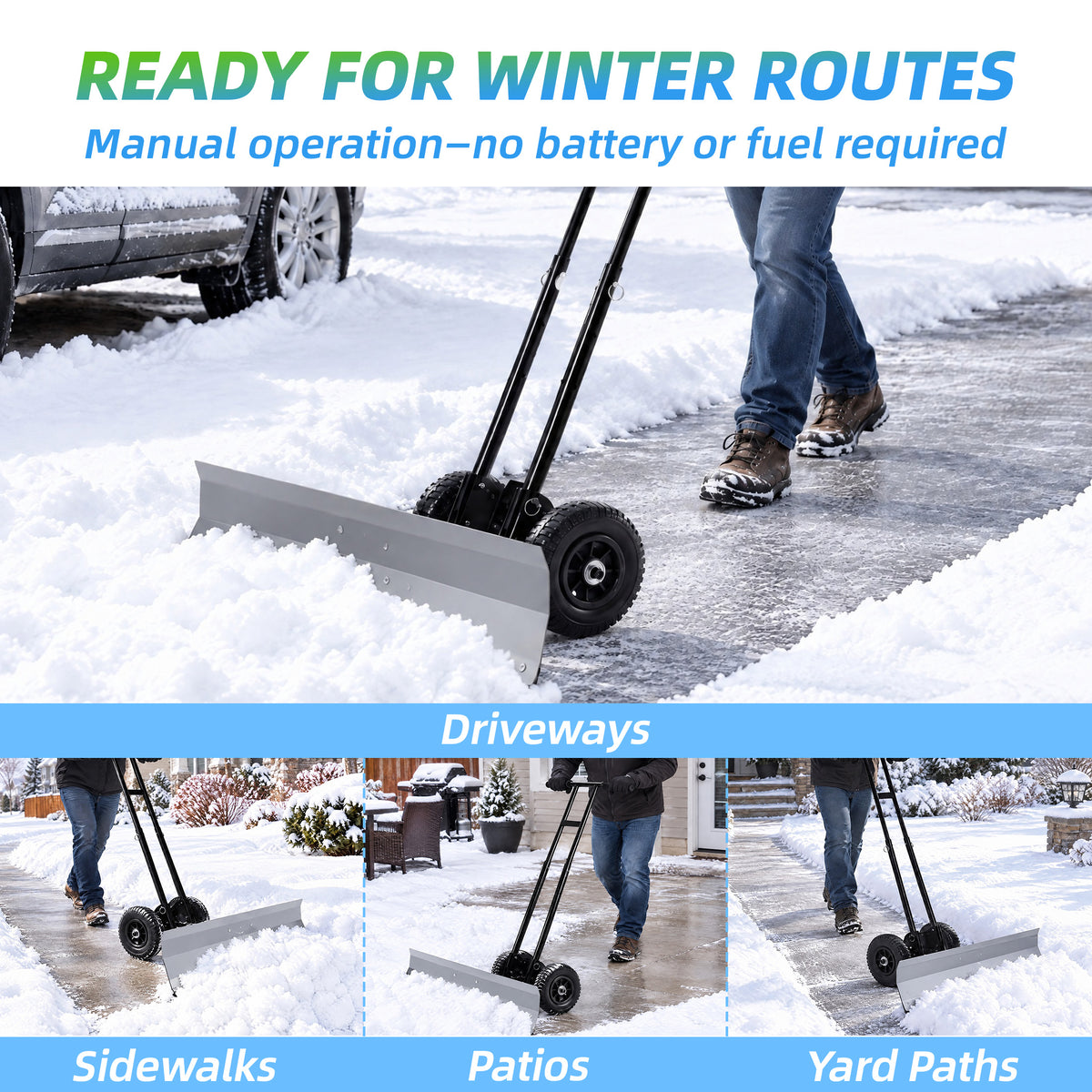 JIOABL 36 inch Snow Pusher with Wheels, Galvanized Steel Snow Plow, Adjustable Blade Angle & Handle for Driveway, Sidewalk & Walkway