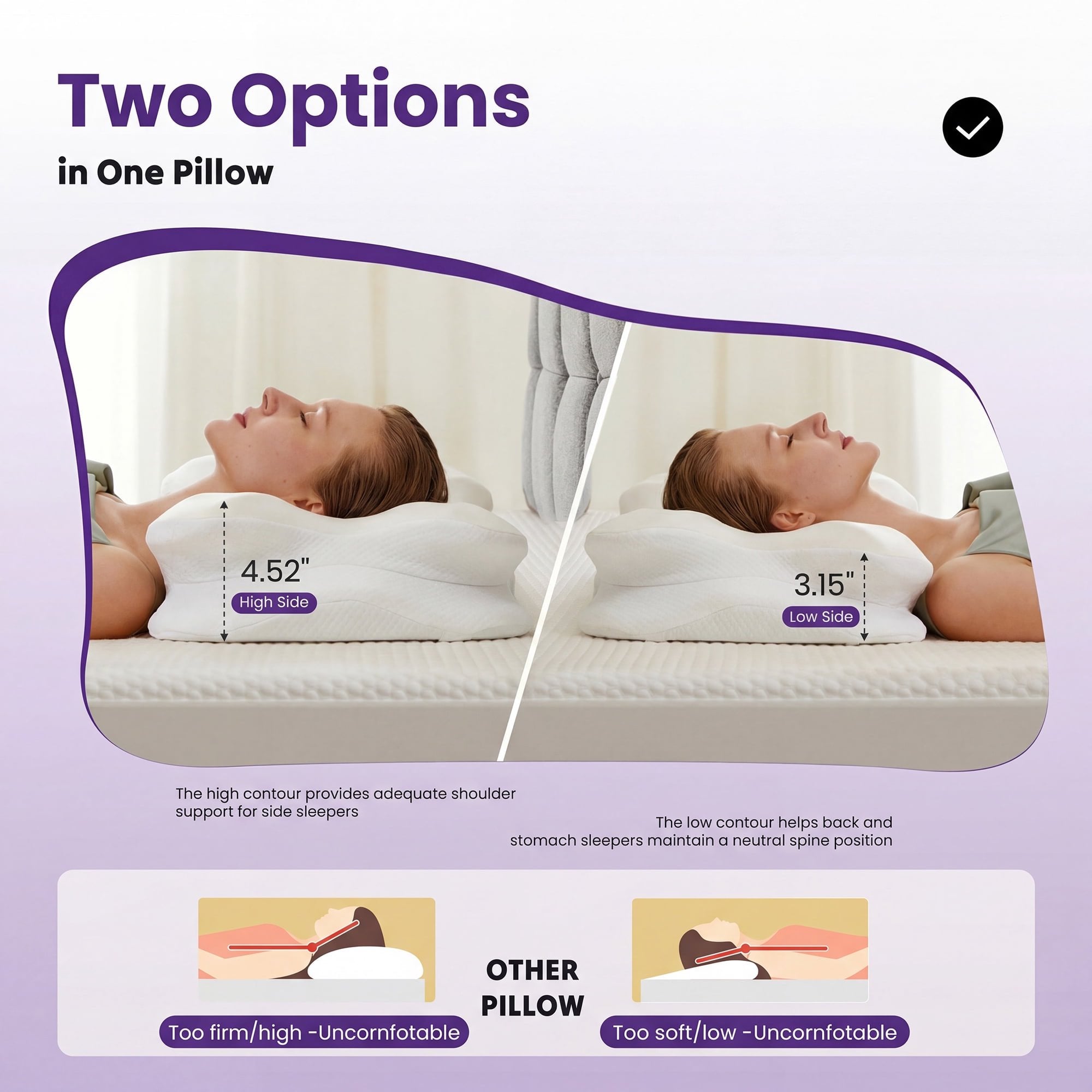 JIOABL Cervical Memory Foam Pillow, Contour Design with 2 Heights, Breathable Cover, Neck Support for Side Back Sleepers