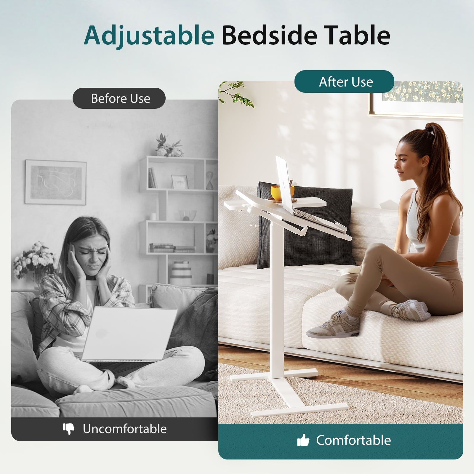 JIOABL Adjustable Overbed Bedside Table with Hidden Wheels for Hospital