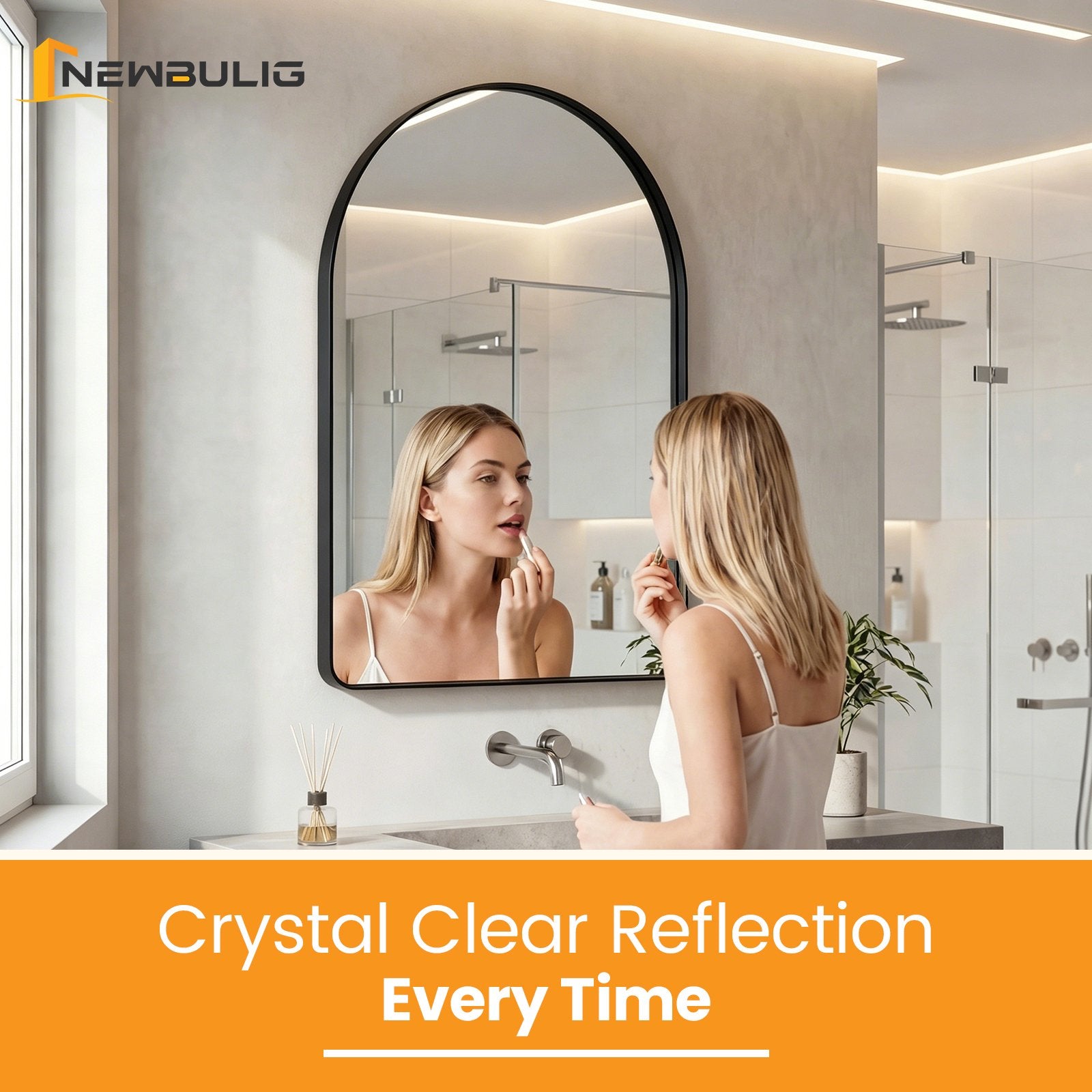 JIOABL Arched-Top Rectangular Wall-Mounted Mirror – Aluminum Frame, HD Tempered Glass, Perfect for Bathroom, Bedroom & Living Room