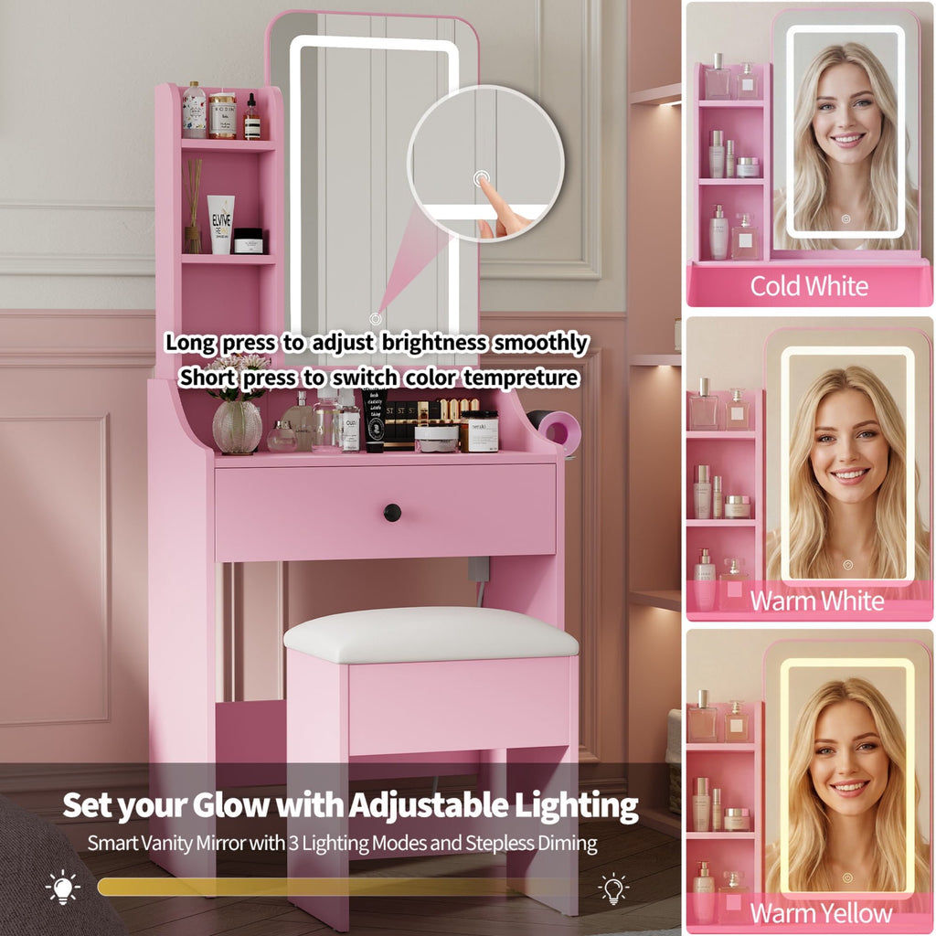 JIOABL 24" Vanity Desk with Mirror, LED Makeup Vanity with 3 Light Modes & Power Outlet, Storage Drawers & Stool, Dressing Table for Bedroom